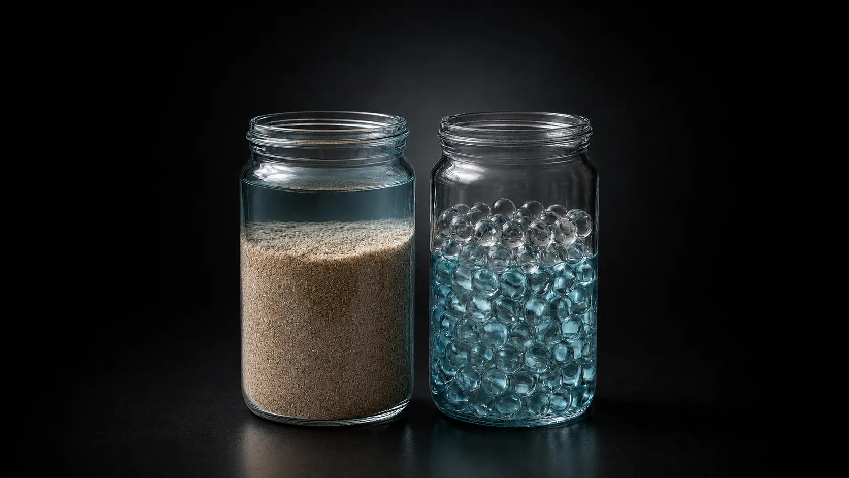 A jar of packed sand where water pools on top, beside a jar of marbles where water fills down through the gaps between them — the same particles, restructured to let water move through.
