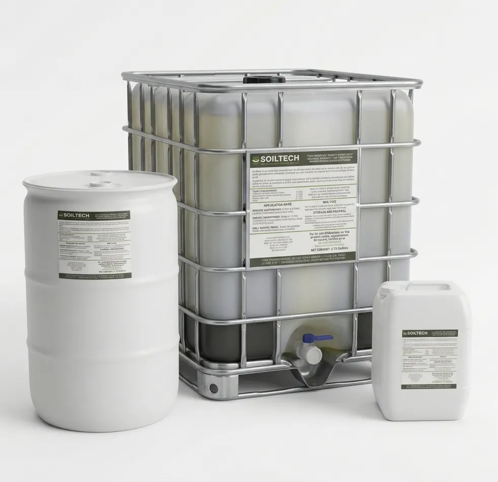 SoilTech sold in three sizes: a 5-gallon jug, a 55-gallon plastic drum, and a 275-gallon IBC tote.